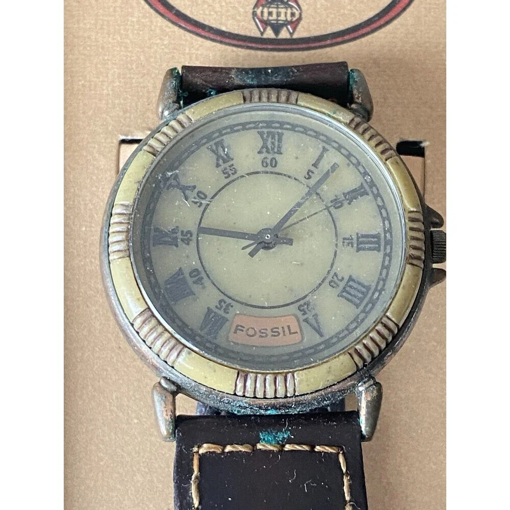 Fossil Watch Women Stone Dial BW-6746 Braided Brown Leather Band, Need Battery